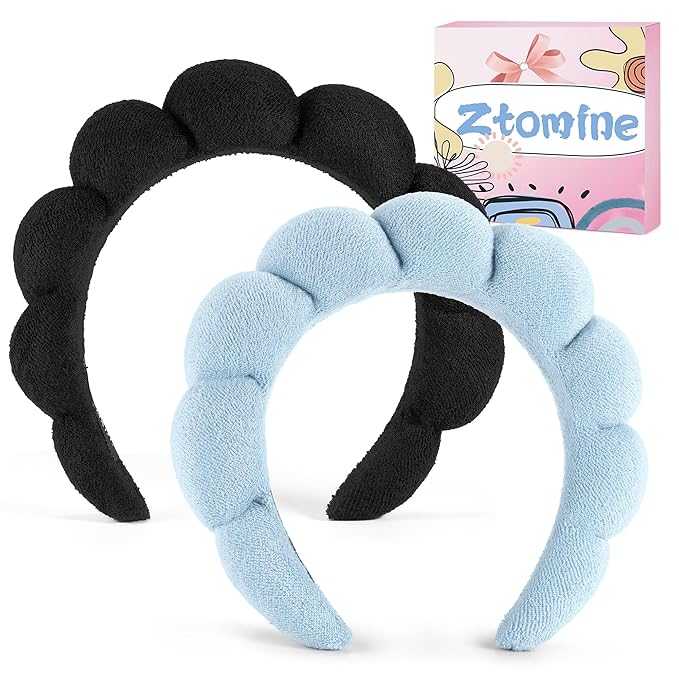 Ztomine Face Wash Headband, Set of 2 - Terry Cloth Spa Headbands for Washing Face or Facial, Puffy Makeup Headbands for Skincare, Mask, Hair Salon, Professional Use (Black & Blue)