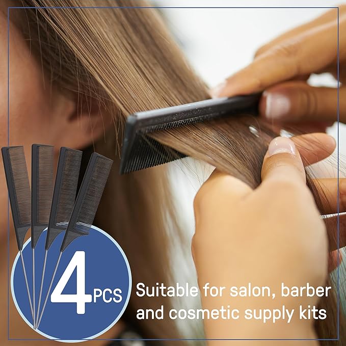 4 Pack Carbon Fiber Rat Tail Combs - Carbon Fiber, Stainless Steel Pintail, Heat Resistant, Hair Comb Set for Braiding, Parting, and Styling, 9 Inches Long - Black Combs for Women and Men