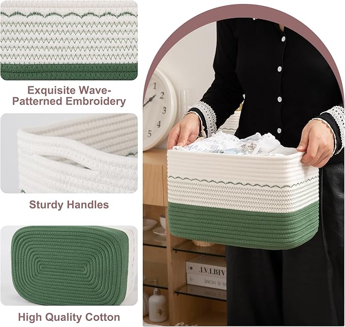 4 Pack Storage Baskets for Organizing, 13"X9"X7.87", Decorative Cotton Rope Baskets for Shelves, Small Woven Basket for Toys, Books and Towels, Green & White