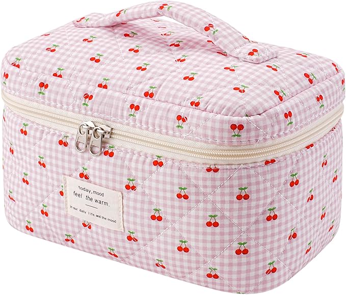 uekeboag Large Travel Quilted Makeup Bag for Women, Floral Cotton Cosmetic Bag, Coquette Aesthetic Floral Toiletry Organizer Bag(Checker Cherry