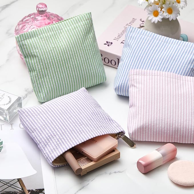 Abbylike 4 Pcs Small Makeup Bag Corduroy Cosmetic Pouch with Zipper Portable Little Bags for Purse Mini Pouch Cute Makeup Purse for Coin Essentials Items Women (Striped)