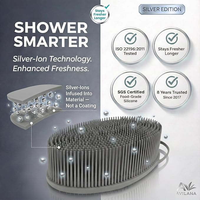 Avilana Silicone Body Scrubber for Shower – SGS Certified Food Grade Dual Sided Bath Brush, Gentle Exfoliating Silicone Loofah Alternative, Sensitive Skin Body Brush (Pink-Silver, Exfoliate)