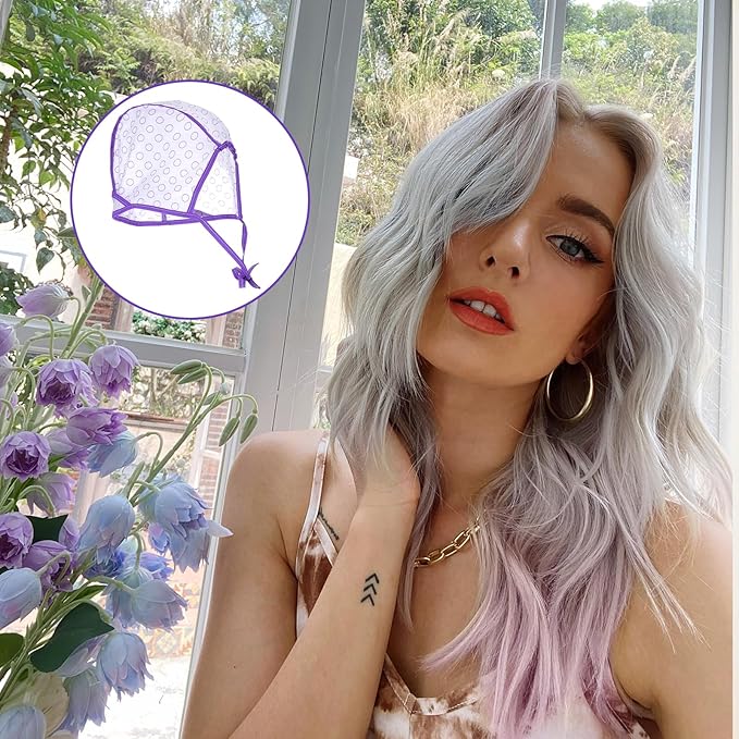3PCS Highlight Cap With 3 Plastic Crochet Hooks Hair Highlighting Caps Highlighting Kit for Hair Coloring Salon Dyeing Bleach Salon and DIY Hairdressing Supplies(Pink Purple Blue)
