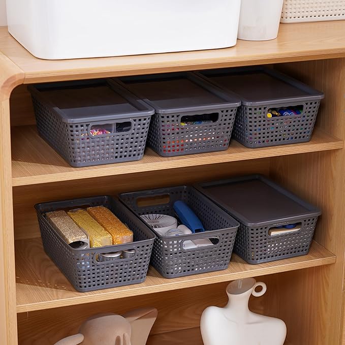 Anywish Plastic Storage Baskets With Lid, Storage Bins for Organizing, Stackable Decorative Containers for Shelves Drawers Desktop Closet Playroom Classroom Office, 6 Pack-Grey