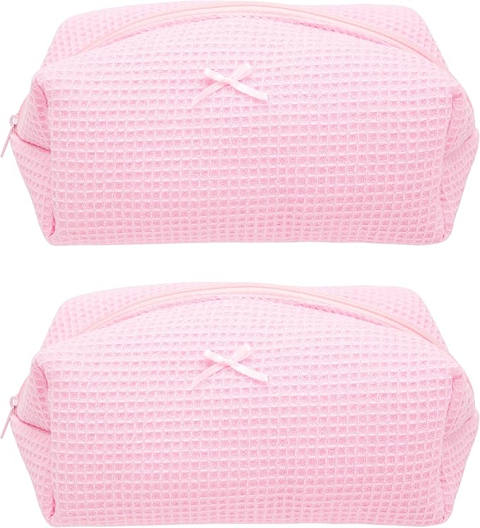 Cozy Makeup Bag for Women,Zipper Cosmetic Pouch,Waffle Candy Pink,2 Pack