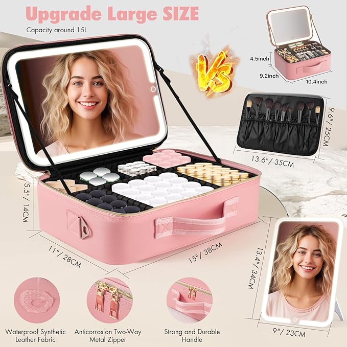 15''X11'' Large Makeup Bag with Removable Lighted Mirror, PU Leather