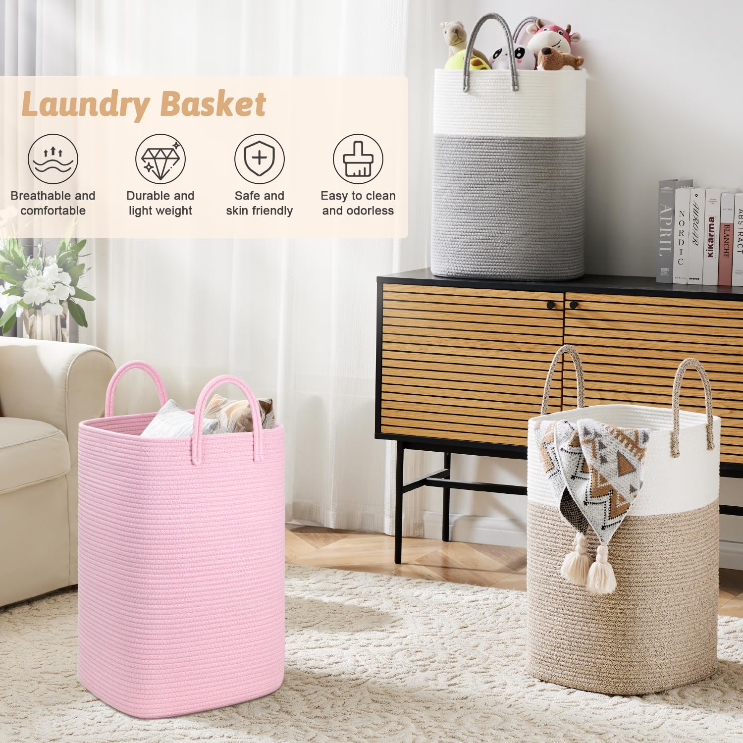 Artfeel Laundry Basket,Woven Cotton Rope Laundry Hamper,100L Versatile Storage for Dirty Clothes,Baby Toys,and Blankets in Bathroom, Nursery,and Living Room
