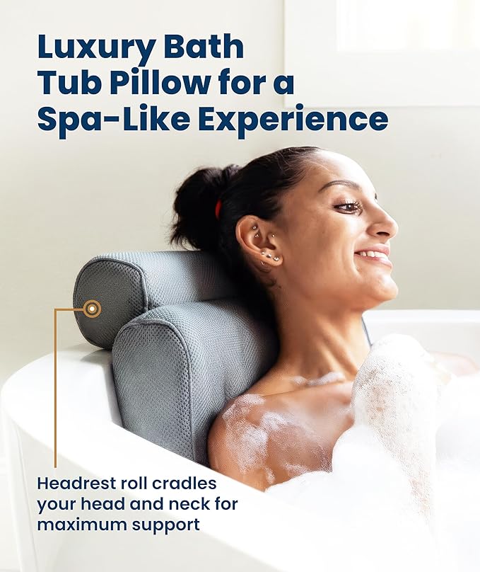 Everlasting Comfort Luxury Bath Pillow for Tub – 4D Mesh – Gray (2 Pack)