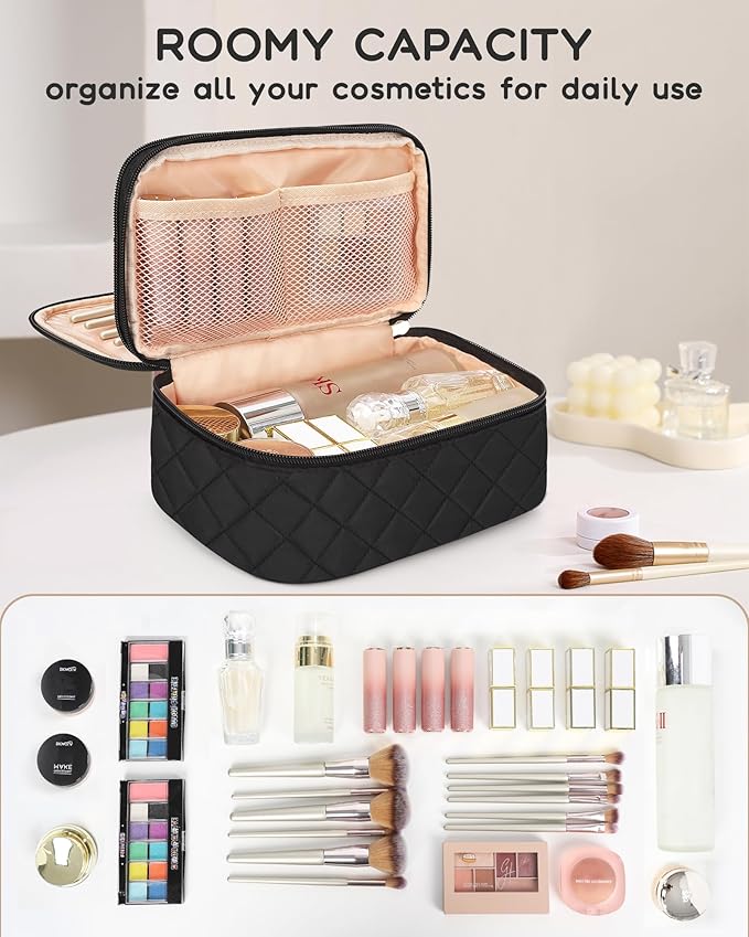 Relavel Small Makeup Bag, Travel Makeup Bag, Cosmetic Bag for Women, 2 Layer Makeup Organizer, Black Make Up Pouch Waterproof, Makeup Brush Holder, Durable Zipper (Black)