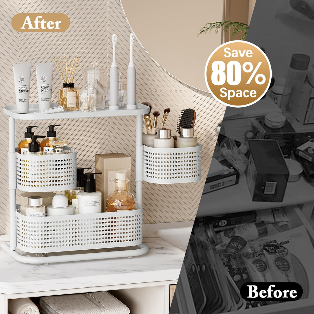 KINGRACK Metal Bathroom Counter Organizer，Rotating Countertop Storage Shelf | 3 Tier, Vanity Tray for Makeup & Skincare, Space-Saving Shelf for Bathroom, Kitchen, Baby Bottle Station, White