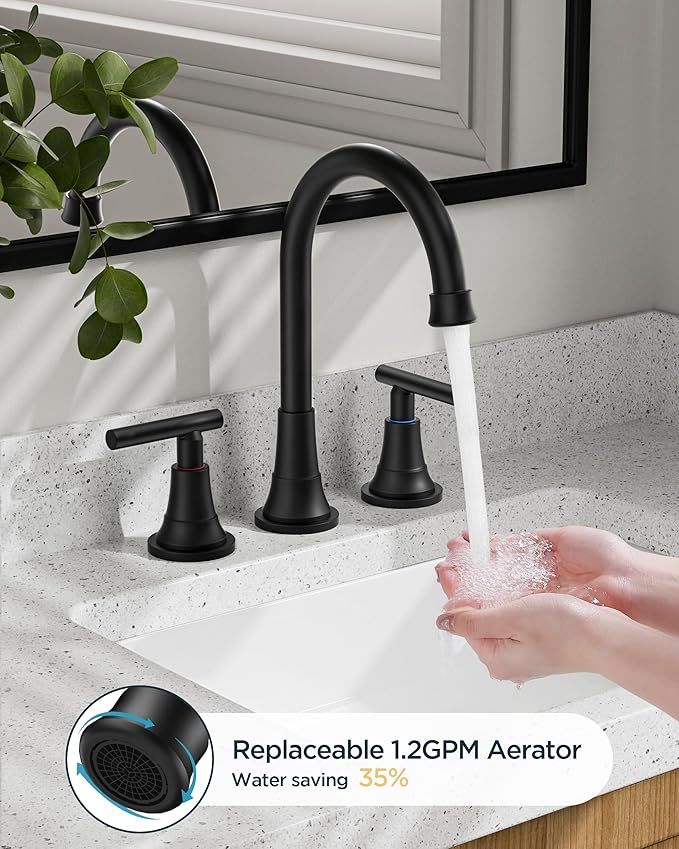 FORIOUS Black Bathroom Faucet 3 Hole Vanity, 2 Handle 360° Swivel Matte Black 8 Inch Widespread Bathroom Sink Faucet 3 Holes, with 360 Degree Rotating Spout, Pop-up Drain, Supply Lines