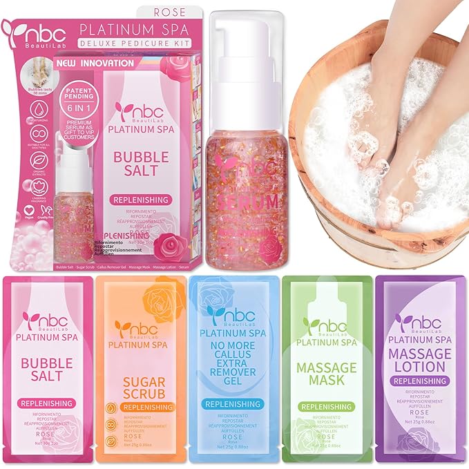 nbc BeautiLab Pedicure Foot Soak Set - Upgraded 6 in 1 Foot Spa, Foot Bath Spa, Pedicure Kit, Foot Soak for Tired & Dry Cracked Feet, Athletes Feet, Bad Odor, Softens Calluses (Rose)