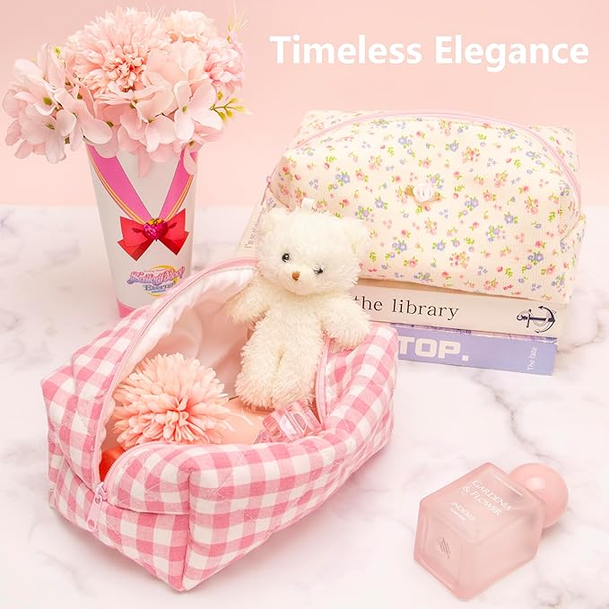 Cozy Makeup Bag for Women,Zipper Cosmetic Pouch,Checkered Pink,2 Pack