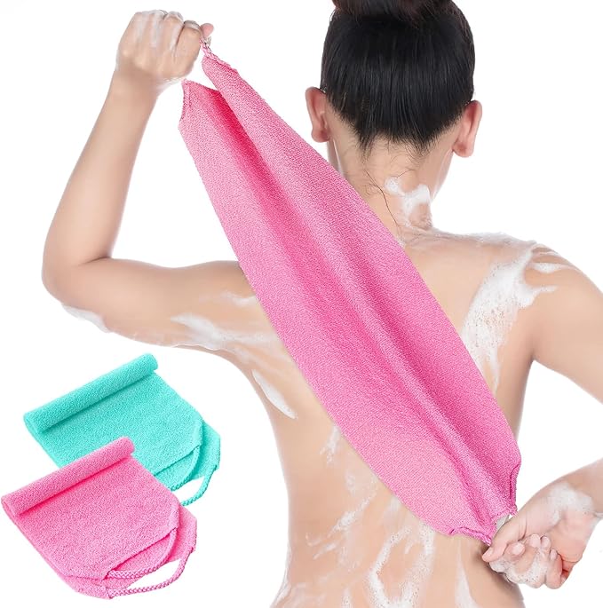 Back Scrubber for Shower Exfoliating Washcloth Back Cloth Body Extended Length Scrubber Towel Nylon Exfoliating Stretchable Pull Strap Wash Cloth for Bath Body Scrub Washcloth 2 Pack (Pink,White)