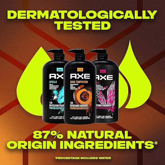 AXE Men's Body Wash Variety 3-Pack, Dark Temptation, Apollo, and Excite 3-in-1 Body, Face & Hair Wash, 32 Oz Ea