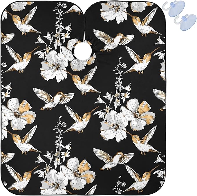 visesunny Barber Cape Exotic Tropical Hibiscus Flower And Hummingbird Gold Silver Pattern Polyester Hair Cutting Salon Cape Apron Anti-Static Haircut Water-Resistant Shaving Cloth Beard Shaving Bib Ha