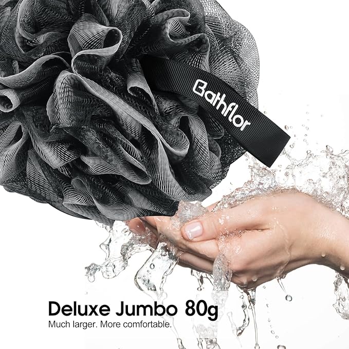 Bathflor Loofah Sponge Exfoliating Body Scrubber: 4PCS Extra Large 80g Shower Loofahs Poufs, 1PCS Long Handle Loofa Back Scrubber, 1PCS Luffa Hook, Charcoal Loofah Pack for Women Men Bath Wash, Black