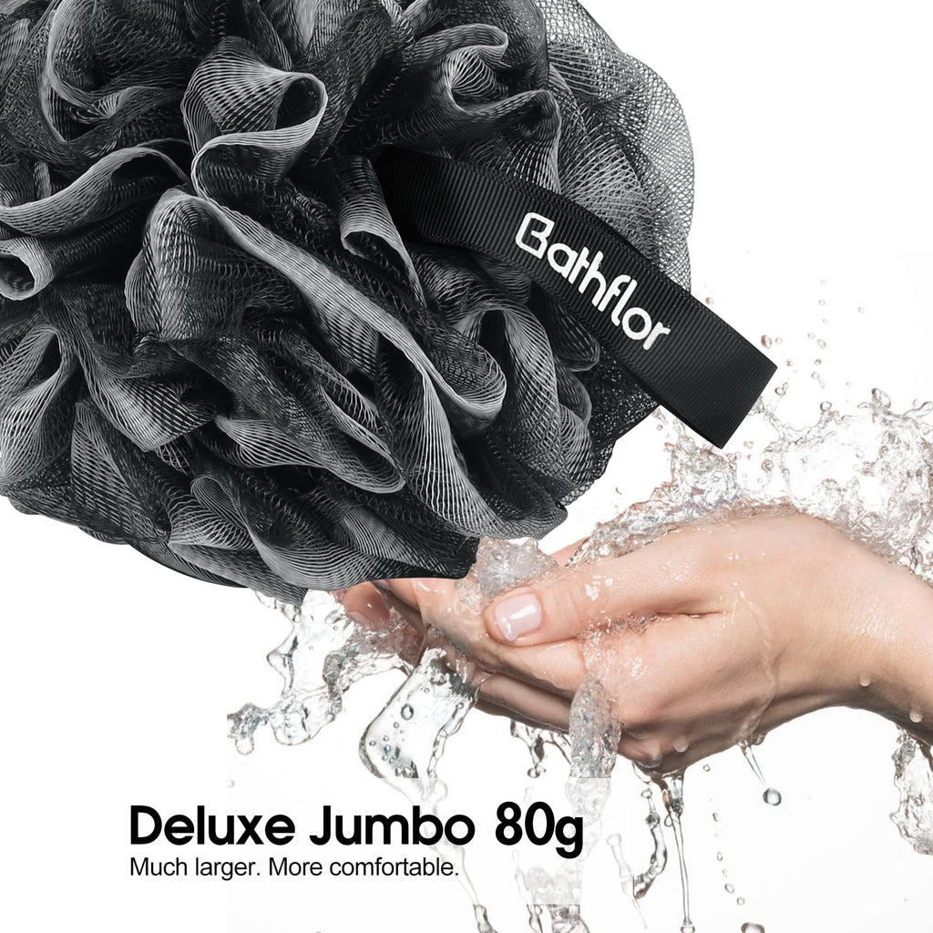 Bathflor Loofah Sponge Exfoliating Body Scrubber: 4PCS Extra Large 80g Shower Loofahs Poufs, 1PCS Long Handle Loofa Back Scrubber, 1PCS Luffa Hook, Charcoal Loofah Pack for Women Men Bath Wash, Black