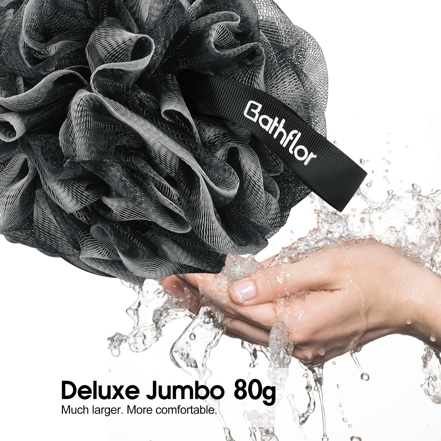 Bathflor Loofah Sponge Exfoliating Body Scrubber: 4PCS Extra Large 80g Shower Loofahs Poufs, 1PCS Long Handle Loofa Back Scrubber, 1PCS Luffa Hook, Charcoal Loofah Pack for Women Men Bath Wash, Black