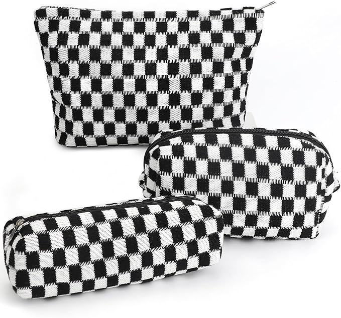 Gocvo 3 Pcs Makeup Bag Cosmetic Bag Set for Girls Women Checkered Travel Organizer Bathroom Toiletry Pouch Large Capacity Storage Bag (Black-White)