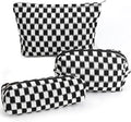 Gocvo 3 Pcs Makeup Bag Cosmetic Bag Set for Girls Women Checkered Travel Organizer Bathroom Toiletry Pouch Large Capacity Storage Bag (Black-White)