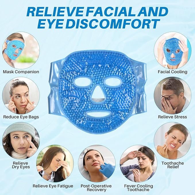 Face ICE Mask for Puffy Eyes & Dark Circles - Gel Bead Hot & Cold Compress Pack for Face, Eye Relief, Headaches, Skin Care & Post-Laser Care, Reusable & Washable (Blue)