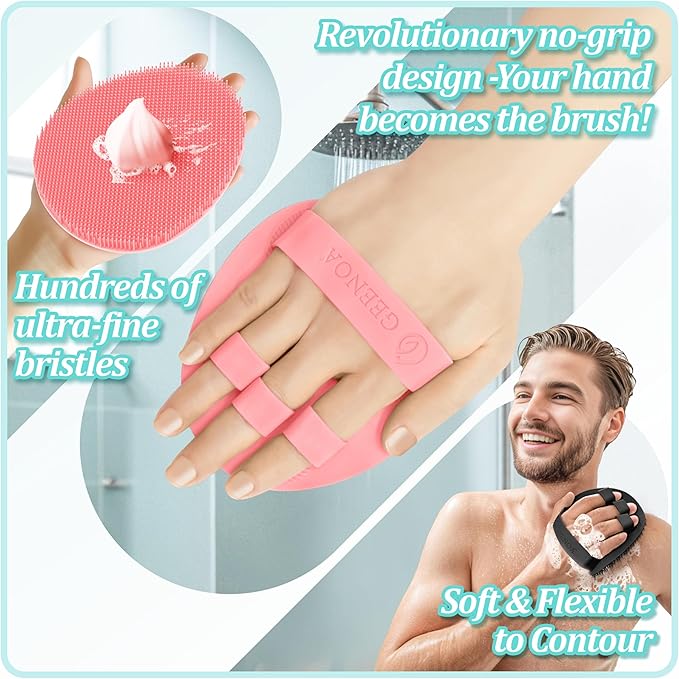 Silicone Bath Gloves 4PCS, 360° Anti-Slip & Enlarged Silicone Body Scrubber for Rich Foaming Deep Cleaning, Revolutionary No-Grip & Hand-fit Shower Scrubber for All Skin Types(Black/Pinkx2)