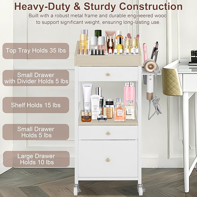 NauwaBarn Makeup Organizer Cart with 3 Drawers, Large Cosmetic Organizer with Detachable Hair Tool Holder, Makeup Cabinet Cosmetic Display Cases for Skin Care Perfume Nail Polish, White & Natural