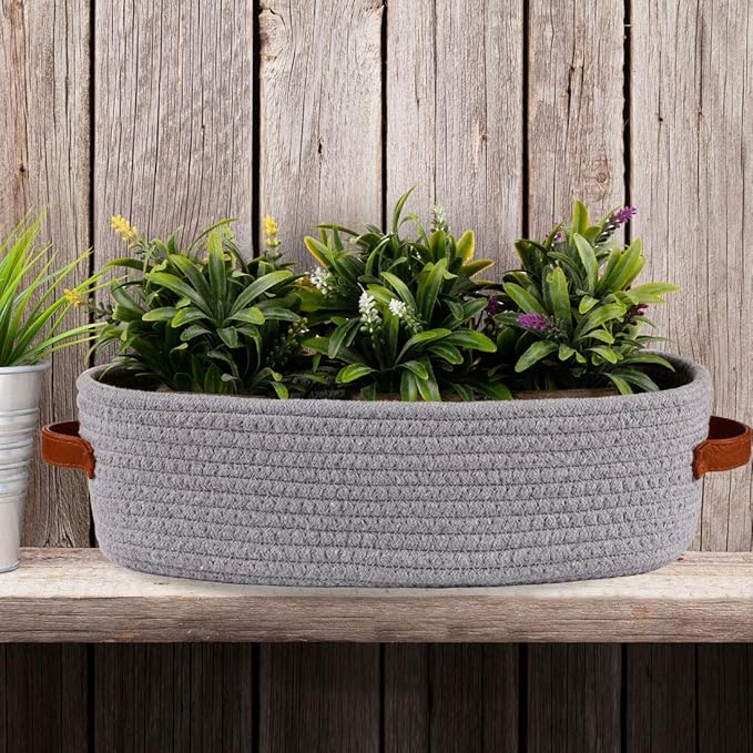 Oradrem Cotton Rope Small Woven Toilet Paper Room Storage Basket with Handles for Bathroom, 13"x5.9"x4" Gary