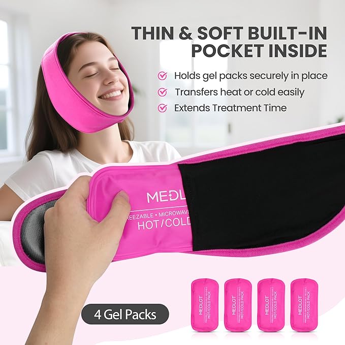LotFancy Face Ice Pack Wrap with 4 Reusable Hot Cold Therapy Gel Packs, Pain Relief for TMJ, Wisdom Teeth, TMD, Oral and Facial Surgery, Dental Implants, Pink