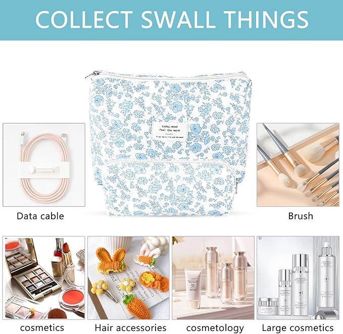 Lestp 2Pcs Quilted Cotton Makeup Bag Travel Makeup Brush Bag Large Small Pouch Set for Women Floral Coquette Makeup Bags Cute Aesthetic Cosmetic Pouch Blue Toiletry Organizer Storage Bags