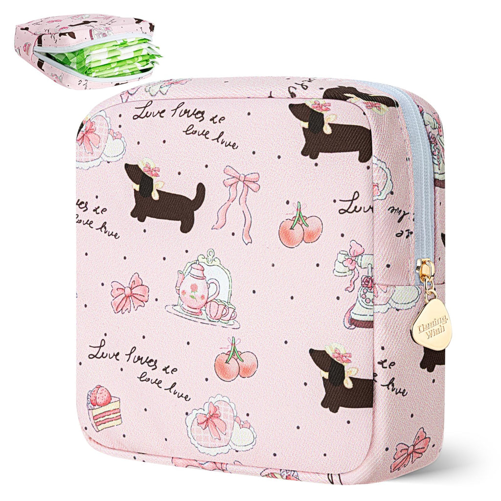 Desing Wish Sanitary Pad Storage Bag Portable Period Bag for Teen Pads/Sanitary Napkins/Small Tampons, Sanitary Napkin Storage Bag First Period Gifts for Teen Girls (Bowknot Dachshund)
