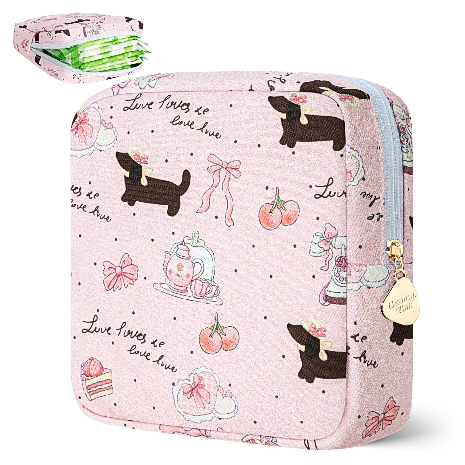 Desing Wish Sanitary Pad Storage Bag Portable Period Bag for Teen Pads/Sanitary Napkins/Small Tampons, Sanitary Napkin Storage Bag First Period Gifts for Teen Girls (Bowknot Dachshund)