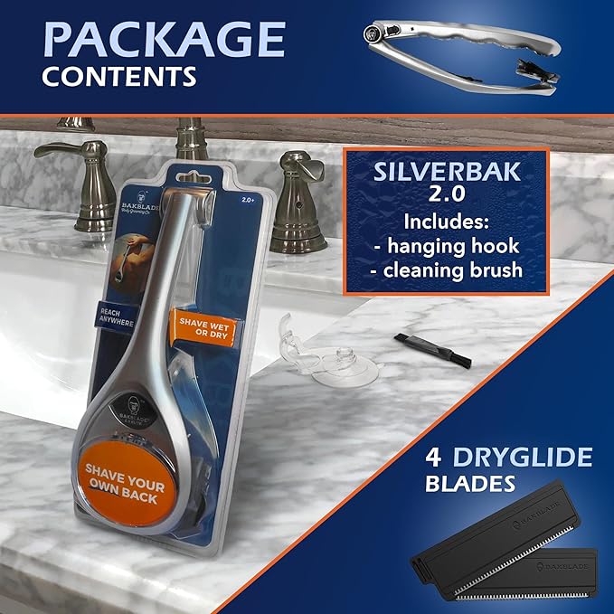 Bakblade 2.0 SilverBak Back Shavers for Men: DIY Hair Shaver, Safety Blade Technology & Ergonomic Handle, Wet & Dry Shaving (Extra Blades Included)