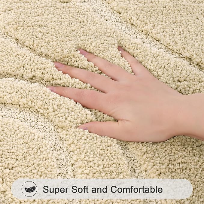 HEBE Bathroom Rugs Sets 5 Piece, Soft Absorbent Microfiber Bath Mat for Bathroom, Non Slip Washable Bath Rug Set with Toilet Cover, Bath Runner and U-Shaped Contour Toilet Rug, Beige