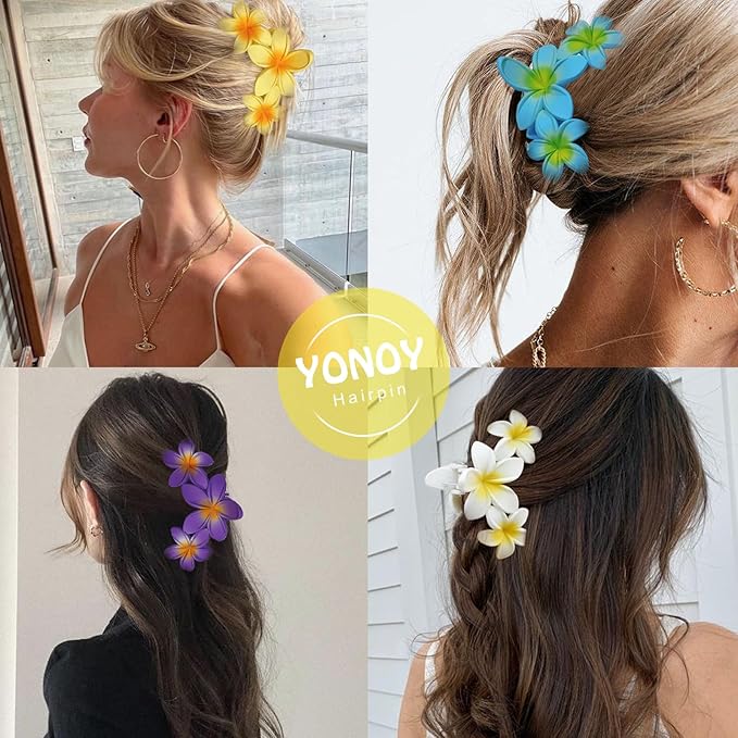 YONOY 6Pcs Flower Hair Clips for Women,Non-Slip Matte Flower Hair Clips for Women,Hawaiian Hair Flower Clip Large Plumeria Strong Hold Hair Claws Banana Cute Clip Beach Hair Accessories
