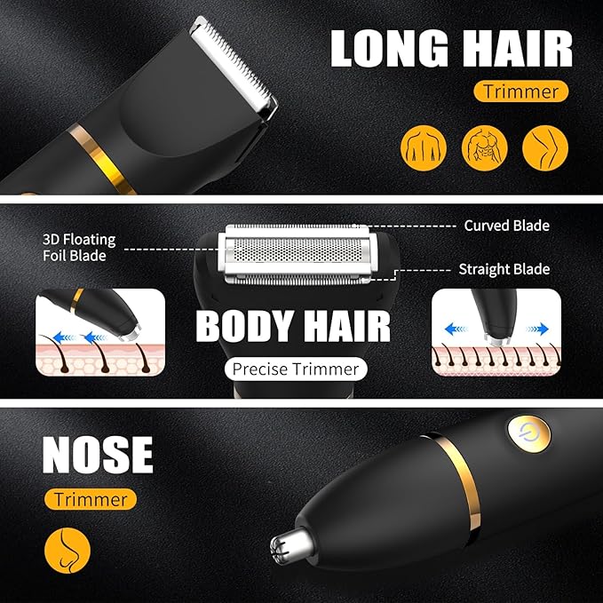 Qreeyx Manscape Body Trimmer for Men, 3 in 1 Men's Grooming Kit with Pubic/Nose Hair Trimmer & Ball Shaver for Nose/Balls/Groin/Legs/Chest Hair Removal, LED Display, IPX6 Waterproof, Gifts for Him Dad