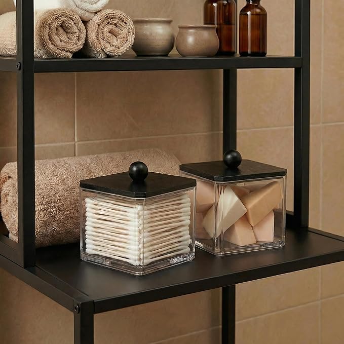 SheeChung Qtip Holder for Bathroom - Acrylic Cotton Swab Dispenser with Black Wood Lid, Clear Apothecary Jar for Cotton Balls, Pads, Flossers, Farmhouse Bathroom Vanity Organizer (2 pack)
