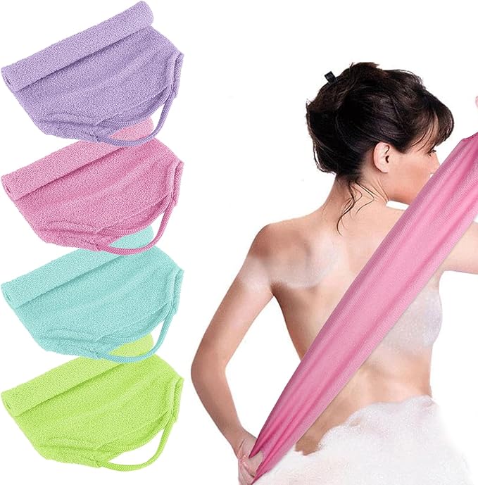 4pcs Exfoliating Back Washers Scrub with Handles Japanese Body Scrubber Cloth Towel for Shower Nylon Back Exfoliator Extended Washers Stretchable Body Bath Pull Strap for Cleans Skin Massages
