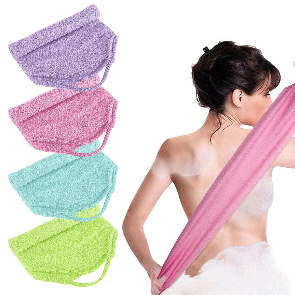 4pcs Exfoliating Back Washers Scrub with Handles Japanese Body Scrubber Cloth Towel for Shower Nylon Back Exfoliator Extended Backs Washers Stretchable Body Bath Pull Strap for Cleans Skin Massages