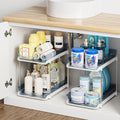 Delamu 2-Tier Multi-Purpose Bathroom Under Sink Organizers and Storage, Stackable Kitchen Pantry Organization, Pull Out Medicine Cabinet Organizer with Movable Dividers, Blue, 2 Pack