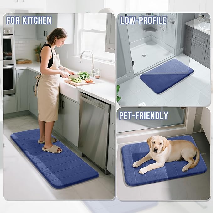 Yimobra U-Shaped Toilet Bath Mat Set 2 Piece - Soft Absorbent Quick Dry Memory Foam Bathroom Rugs, Machine Washable Non Slip Floor Carpet for Tub Shower & Single Sink (17x24 & 24x20, Navy Blue)