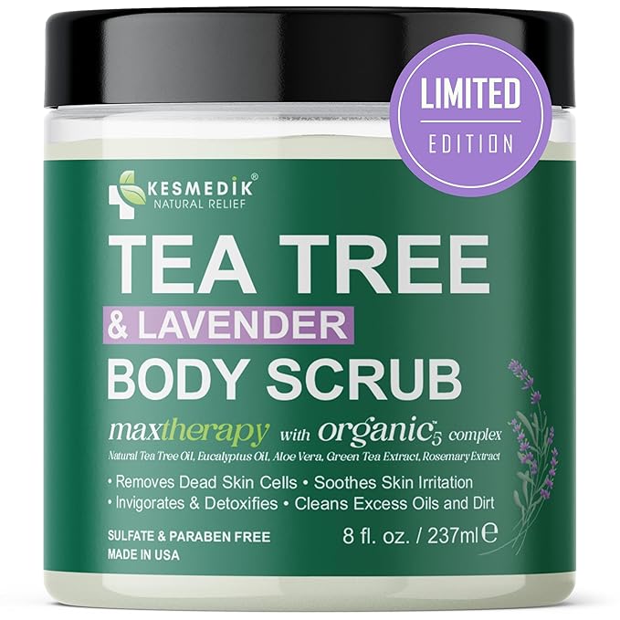 KESMEDIK Tea Tree Oil Foot & Body Scrub with Himalayan Salt & Shea Butter, Exfoliating Scrub for Feet & Skin, Helps Control Odor, Removes Dead Skin & Smooths Rough Heels and Calluses