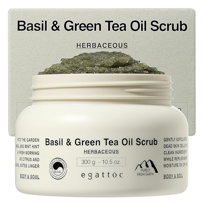 Egattoc Exfoliating Body Scrub for Sensitive Skin, Basil & Green Tea Oil Sugar Scrub with Himalayan Salt, Soothing BHA LHA Body Polish & Body Exfoliator, Mugwort & Oat, Green Citrus Scent, 10.5 oz
