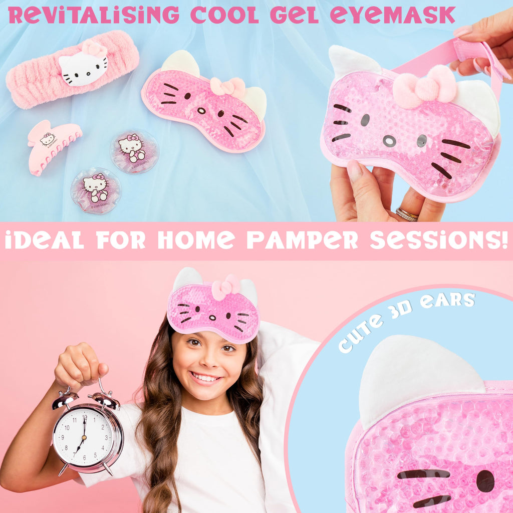 Hello Kitty Sanrio Beauty Set for Women, Teens with Cooling Gel Eye Mask, Plush Skincare Headband, Claw Clip, Eye Pads, Kawaii Gifts for Women (Pink Hello Kitty)