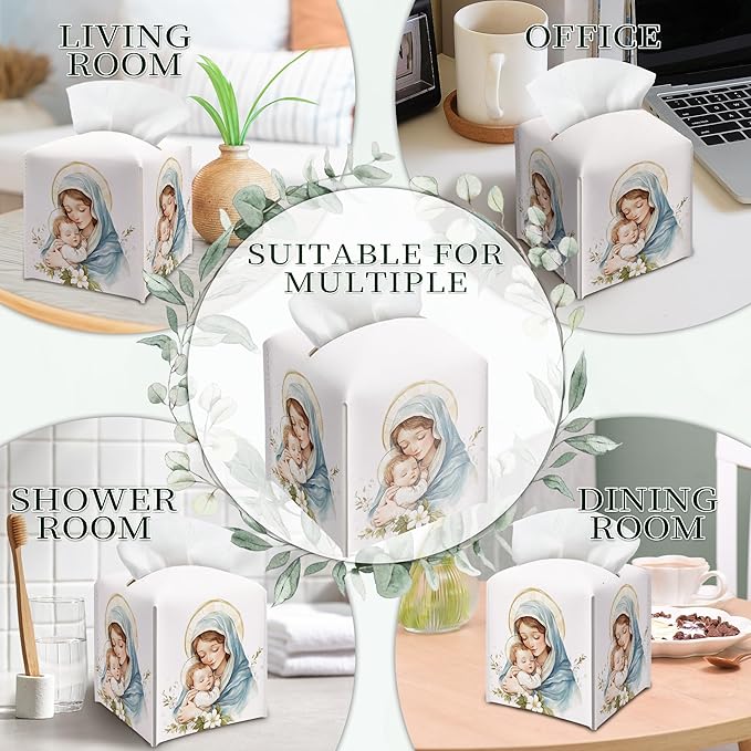 Holy Infant & Virgin Mary Square Tissue Box Cover, PU Leather Drawstring Bottom - Jesus and Virgin Mary, for Office, Bathroom, Home, Christian & Catholic Friends | Blue Decorative Organizer