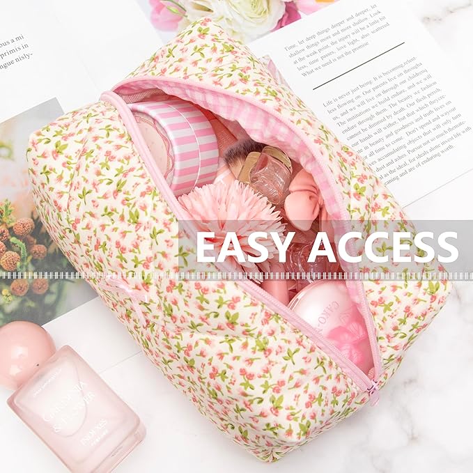 PAZIMIIK Cozy Makeup Bag for Women,Zipper Cosmetic Pouch,Floral Pink