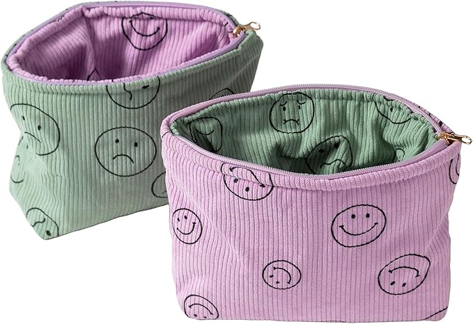 Gardsell Cosmetic Bags for Women - Corduroy Cosmetic Bag Aesthetic Women Handbags Purses Smile Dots Makeup Organizer Storage Makeup Bag Girls Case Bags (Double Purple Green)