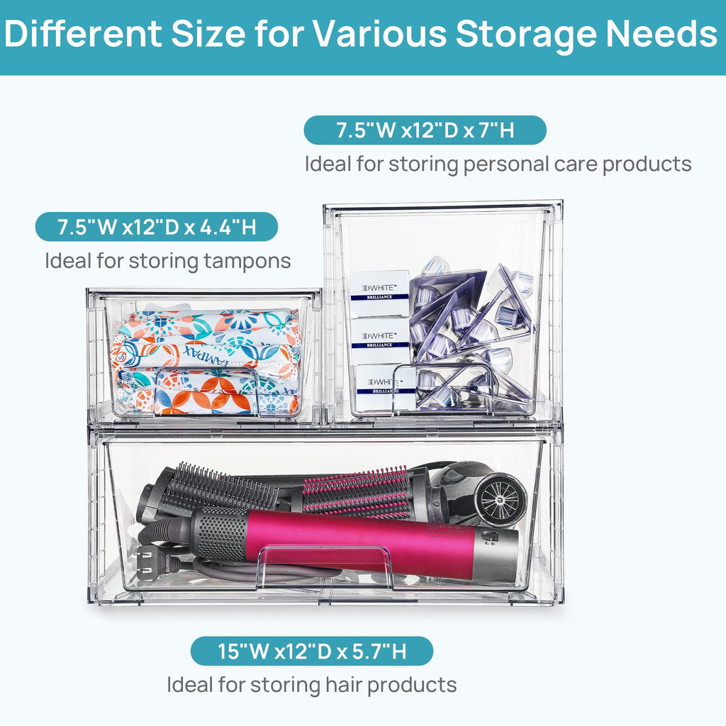 Vtopmart Clear Stackable Storage Drawers, 5 Pack Multi-Size Organizer Set