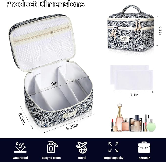 Gosect Makeup Bag, Portable Travel Make up Bag, Large Capacity Quilted Cosmetic Organizer Bag, Cute Floral Toiletry Bag for Women Girls (Black Rose)